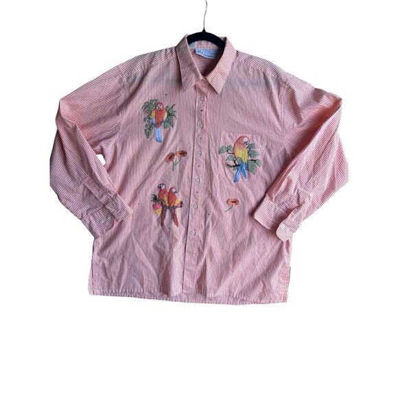 Mili Designs Women’s Button Up Shirt Orange Striped Parrots Appliqué Jewel LARGE - Picture 1 of 11